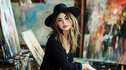 Artistic Portrait Woman Hat Studio Brushes Canvas Creativity Expression Style