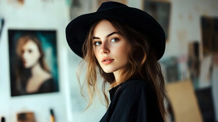Artistic Portrait Young Woman Stylish Black Hat Studio Environment