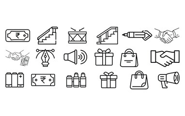 Collection of hand drawn business and finance icons representing growth success and commerce