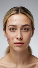 Acne treatment before and after skincare comparison shot