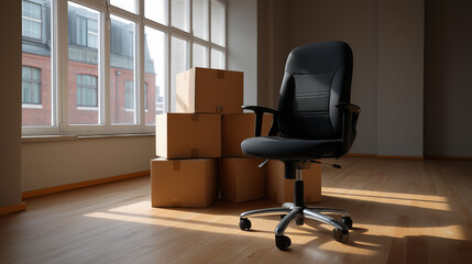 An empty office chair stands beside a stack of cardboard moving boxes in a sunlit room with large windows, suggesting relocation.
