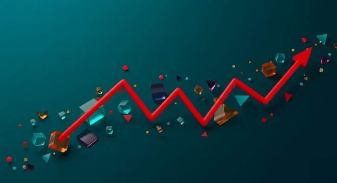 Red arrow graph showing upward trend with scattered elements