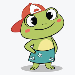 The cute frog wearing a cap and sarong cartoon vector illustration