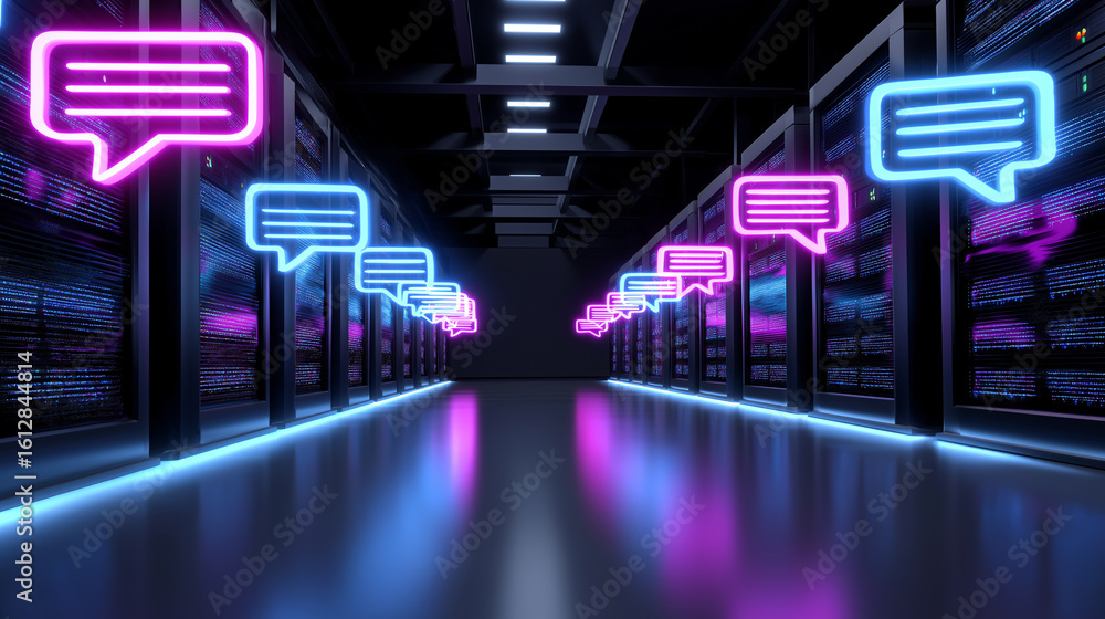 Aufkleber glowing blue chat bubble icons appear on data server racks with red neon lighting, symbolizing digit