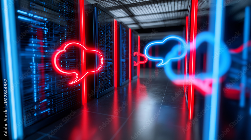Aufkleber glowing blue chat bubble icons appear on data server racks with red neon lighting, symbolizing digit