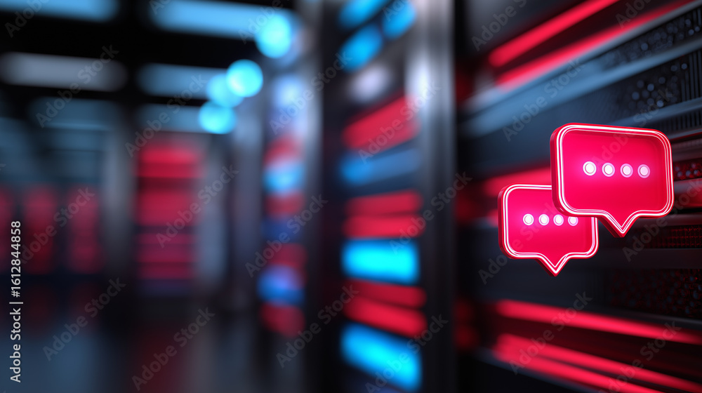 Aufkleber glowing blue chat bubble icons appear on data server racks with red neon lighting, symbolizing digit