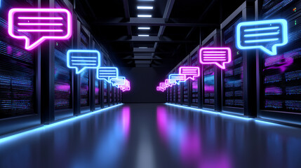 Glowing blue chat bubble icons appear on data server racks with red neon lighting, symbolizing digital communication in a server environment.
