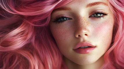 Stunning Portrait Realistic Young Girl Pink Hair Freckles Vibrant Eyes Captivating Expression Natural Beauty
