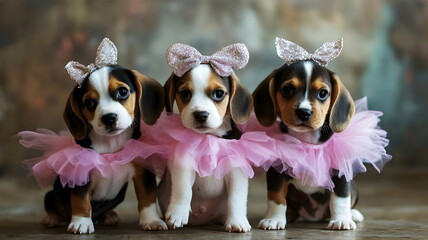 Adorable Playful Beagle Puppies Glamorous Pink Tutus Sparkly Bows Cute Expressions