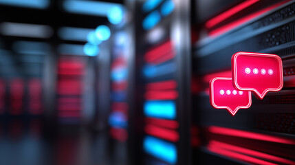 Glowing blue chat bubble icons appear on data server racks with red neon lighting, symbolizing digital communication in a server environment.