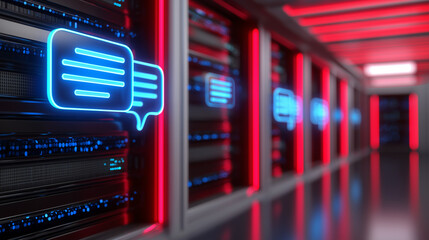 Glowing blue chat bubble icons appear on data server racks with red neon lighting, symbolizing digital communication in a server environment.
