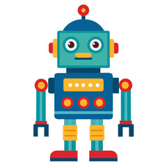 A colorful cartoon robot with a teal head, blue body, red and yellow accents, white circular eyes, orange mouth, mechanical arms, and red feet in a retro design style.