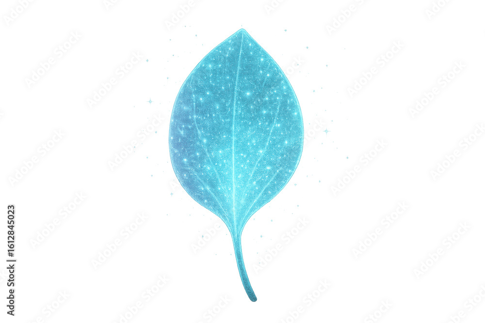 Poster luminescent azure leaf symbolizing environmental technology against translucent backdrop
