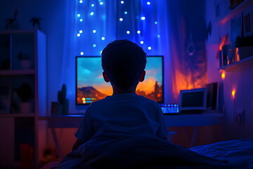Child Watching Colorful Screen in Cozy Room with Twinkling Lights