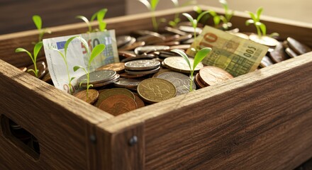 Money Growing: Plants Sprouting from Coins and Bills.