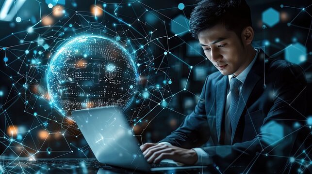 Businessperson working on a laptop with a global network graphic overlay.