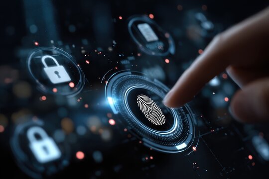 Exploring internet network security through digital fingerprint technology and security icons on modern touchscreen interface