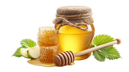 Honey jar with honeycomb and apple slices, created with AI, PNG
