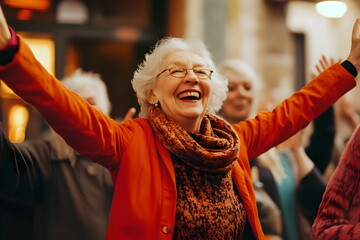 Joyful Elderly Woman Celebrating Life Community Connection Happiness Togetherness