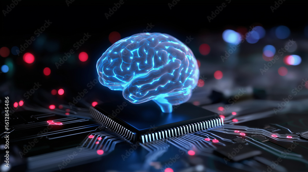 Aufkleber a glowing blue human brain rendering sits atop a microchip on a circuit board, symbolizing artificia