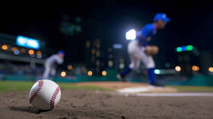 A baseball rests on the foul line of a dirt field with a blurred baseball player in pitching position and stadium lights in the background.