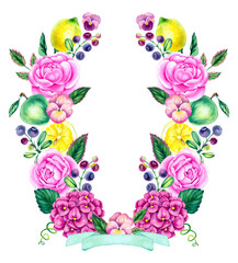 Watercolor hand painted floral wreath with ribbon banner. The wreath is decorated with roses, hydrangeas, greenery and lemon. Perfect for wedding invitations, greeting cards, packaging