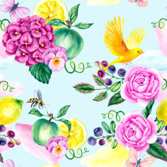 Seamless watercolor pattern with roses, hydrangeas, apples, lemons and blueberries surrounded by greenery. Warm atmosphere of country house coziness and vintage garden. Perfect for packaging, fabric