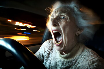 Elderly Woman Screaming Frightened Driving Night Speeding Chaos Lights