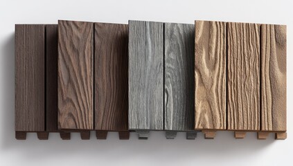 Four square sections of outdoor composite decking planks. Differing wood-grain patterns and hues of grey, brown, and tan give depth to the materials