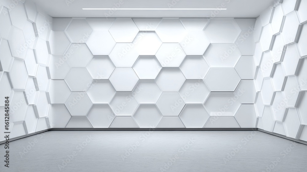 Poster a bright, spacious room features a unique wall design made of hexagonal panels in white, creating a 