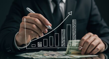 Businessman Drawing Growth Chart with Money Financial Success.