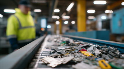 Naklejka premium A conveyor belt carrying electronic waste in a recycling facility, with a blurred worker in the background. 