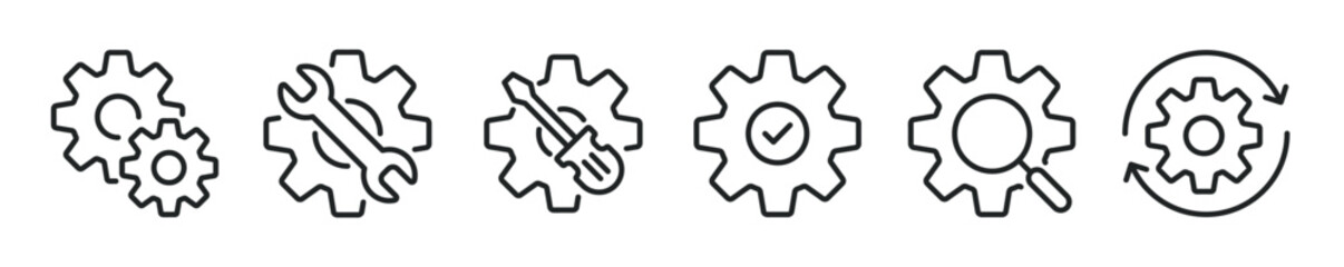 Gear thin line icon set. Cogwheel, setting, mechanism minimal editable stroke icons