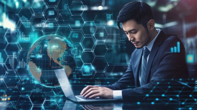 Businessman working on a laptop with digital globe and data overlay.
