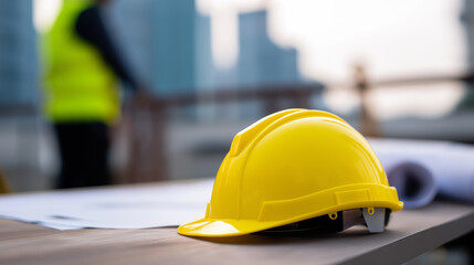 A yellow hard hat sits on a construction blueprint with a blurred worker and construction site in the background.
