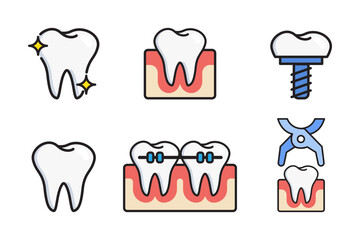 vector illustration of Dental Icons Representing Oral Health, Hygiene, and Dental Procedures.