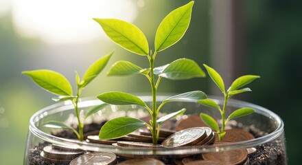 Growing plant in coins representing financial growth.