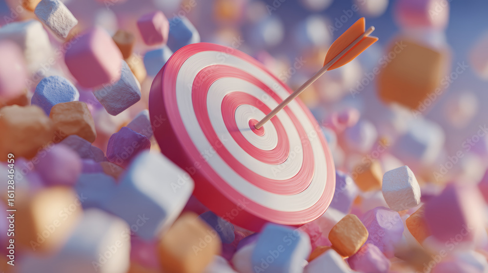 Poster bullseye target with arrow hitting center surrounded by colorful soft cubes, symbolizing precision a