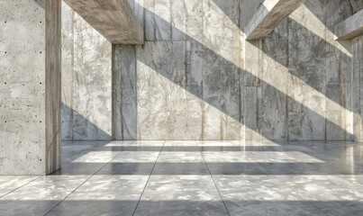 Fototapeta premium Brutalist concrete interior with sunlight and shadows architecture design
