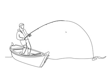 Fisherman fishing in the boat in continuous one line drawing. Single line art illustration of fisherman.