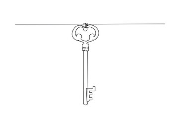 Vintage key house in continuous one line drawing. Single line art illustration of antique key.
