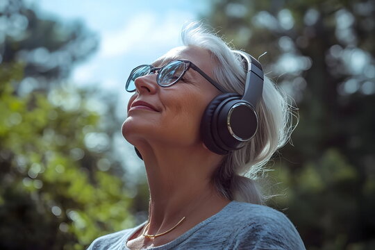 Joyful Experience Listening Music Outdoors Relaxation Senior Woman