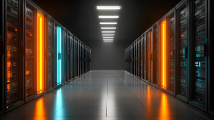 Futuristic server room data center with orange and blue lights technology and data storage concept
