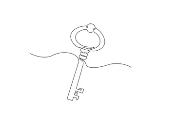 Vintage key house in continuous one line drawing. Single line art illustration of antique key.