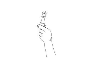 Hand holding chess queen in continuous one line drawing. Single line art illustration of hand holds chess piece.