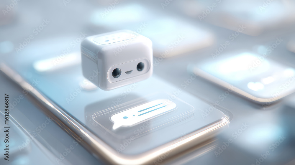 Poster cute white chatbot icon floating above smartphone screen with message bubble, symbolizing friendly a