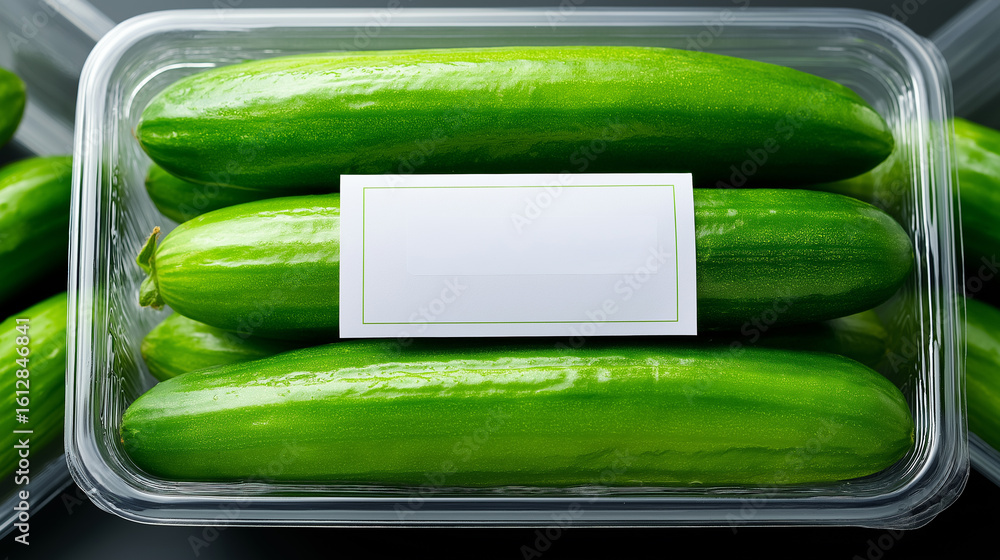 Aufkleber fresh green cucumbers neatly packed in a clear plastic container with a blank label on top.