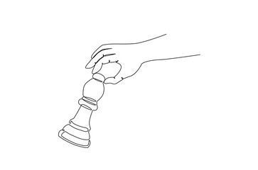 Hand holding bishop chess in continuous one line drawing. Single line art illustration of hand holds chess piece.