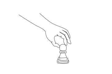 Hand holding bishop chess in continuous one line drawing. Single line art illustration of hand holds chess piece.