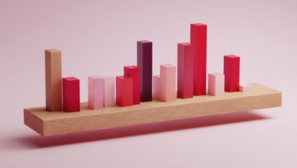 3D bar chart various sized red and pink cuboids arranged on a wooden plank, against a soft pink background. Soft light creates a minimalist, abstract visualization